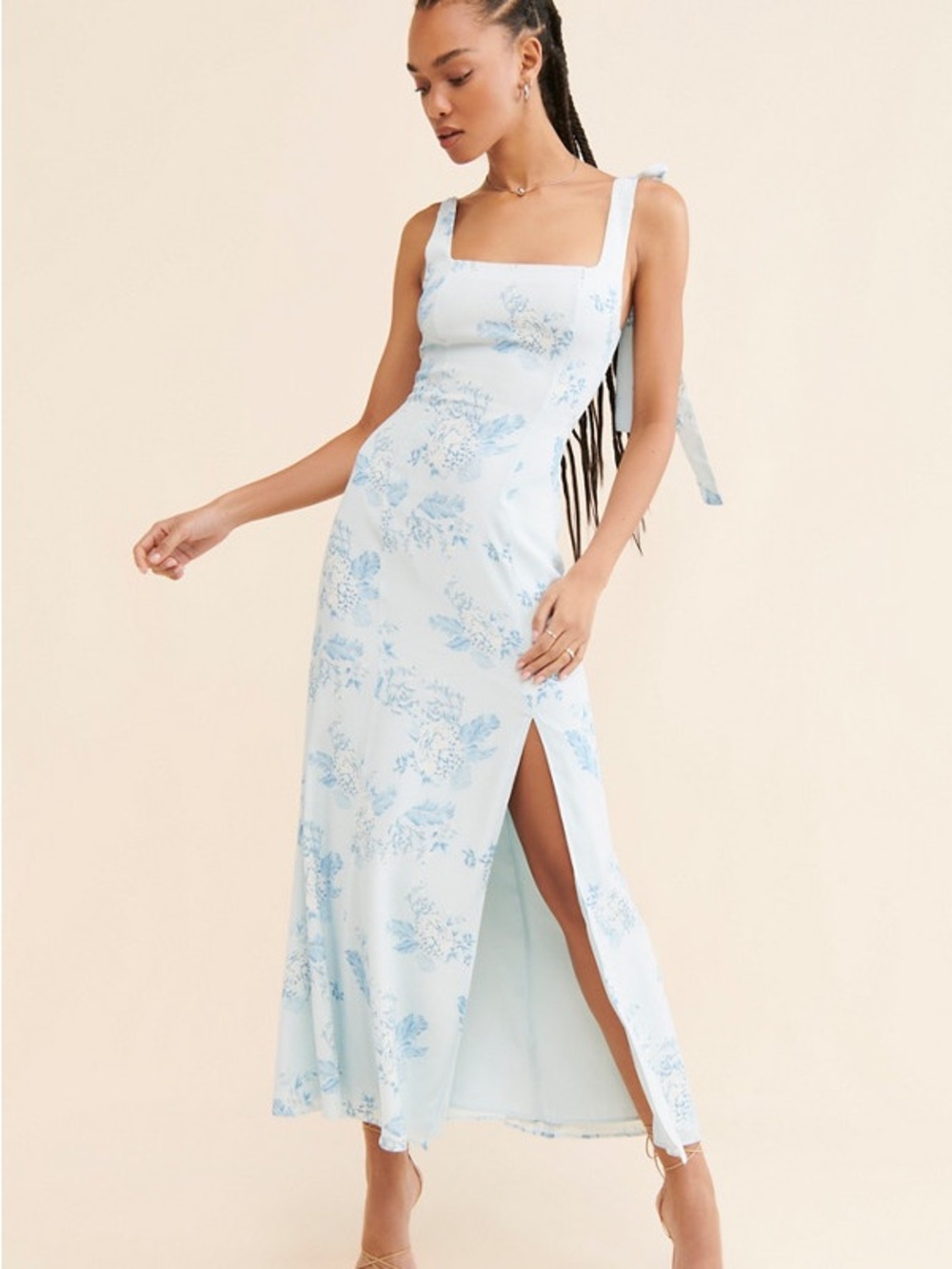 Anthropologie Awaylee Light Blue Floral Tie Shoulder Maxi Dress